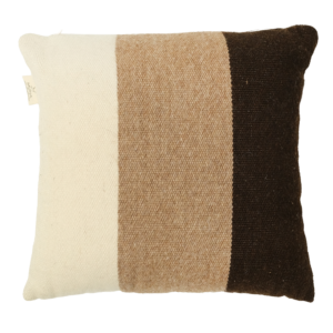 El Dokuması Yün Kare Yastık – Toprak Tonları Panel Çizgili (Beyaz, Camel ve Kahverengi)